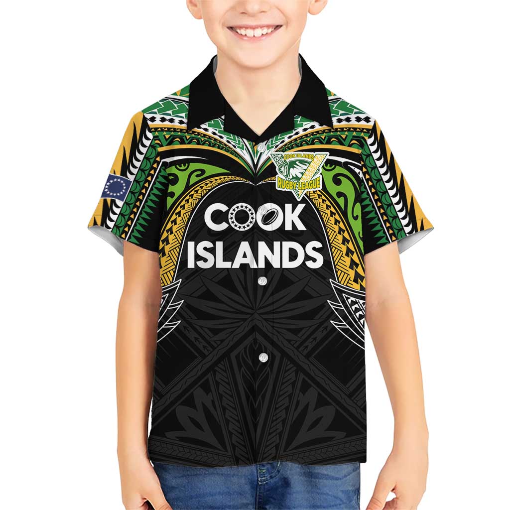 Custom Cook Islands Rugby League Family Matching Off Shoulder Maxi Dress and Hawaiian Shirt Tatau Tribal Motifs-Black Color LT03 Son's Shirt Black - Polynesian Pride