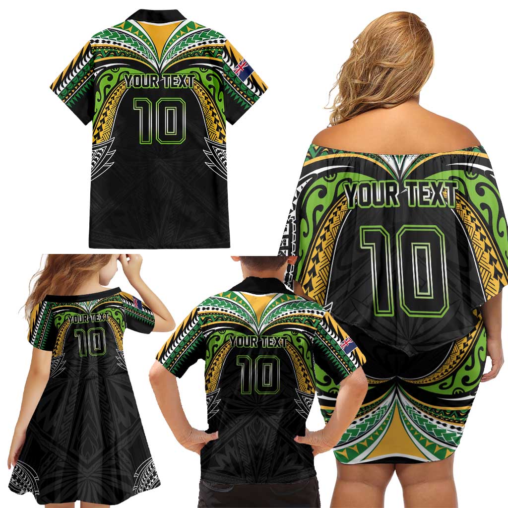 Custom Cook Islands Rugby League Family Matching Off Shoulder Short Dress and Hawaiian Shirt Tatau Tribal Motifs-Black Color - Polynesian Pride