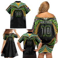 Custom Cook Islands Rugby League Family Matching Off Shoulder Short Dress and Hawaiian Shirt Tatau Tribal Motifs-Black Color - Polynesian Pride