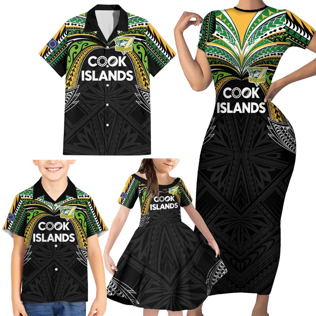 Custom Cook Islands Rugby League Family Matching Short Sleeve Bodycon Dress and Hawaiian Shirt Tatau Tribal Motifs-Black Color - Polynesian Pride