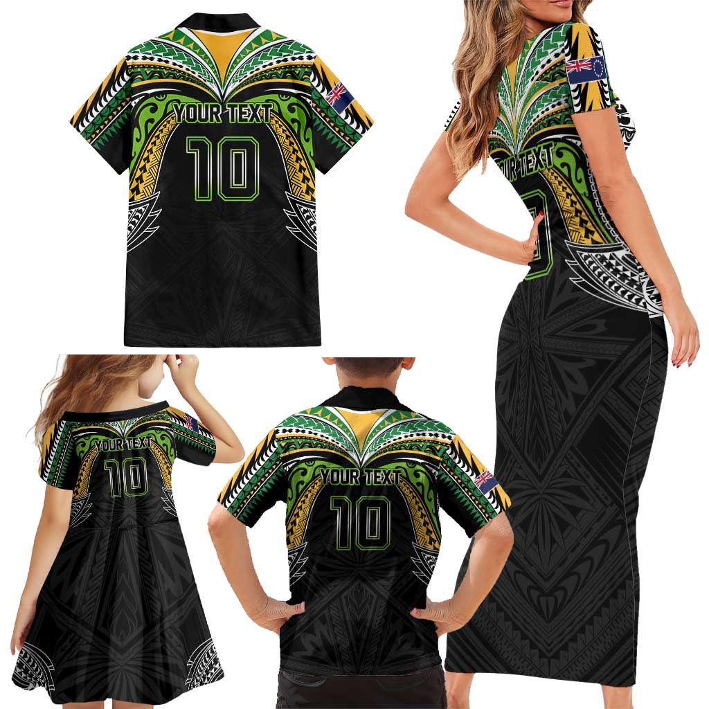 Custom Cook Islands Rugby League Family Matching Short Sleeve Bodycon Dress and Hawaiian Shirt Tatau Tribal Motifs-Black Color - Polynesian Pride
