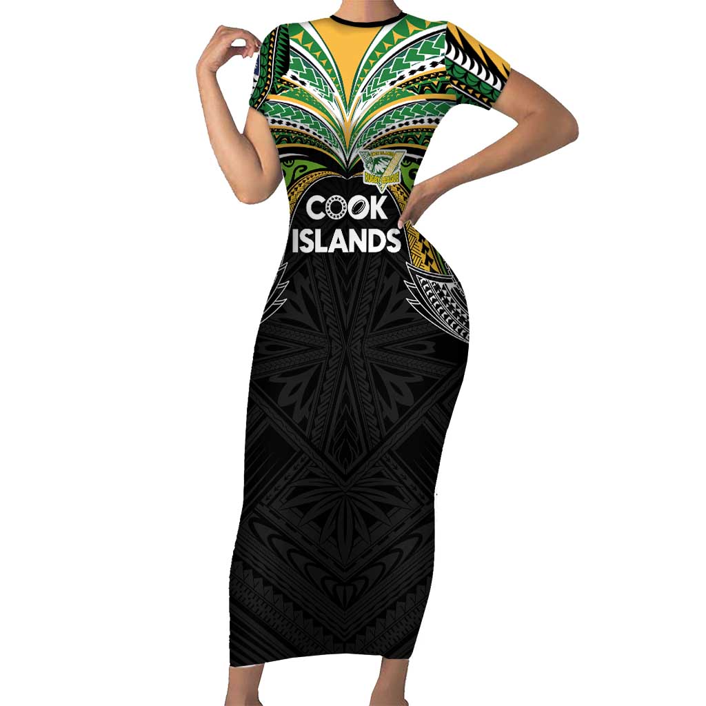 Custom Cook Islands Rugby League Family Matching Short Sleeve Bodycon Dress and Hawaiian Shirt Tatau Tribal Motifs-Black Color - Polynesian Pride