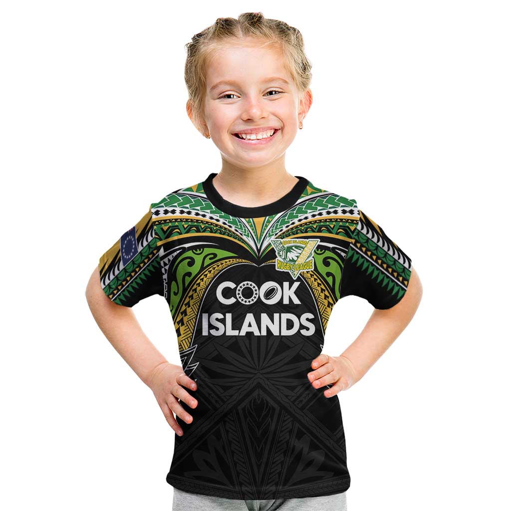 Custom Cook Islands Rugby League Kid T Shirt Tatau Tribal Motifs-Black Color - Polynesian Pride