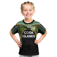 Custom Cook Islands Rugby League Kid T Shirt Tatau Tribal Motifs-Black Color - Polynesian Pride
