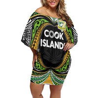 Custom Cook Islands Rugby League Off Shoulder Short Dress Tatau Tribal Motifs-Black Color - Polynesian Pride