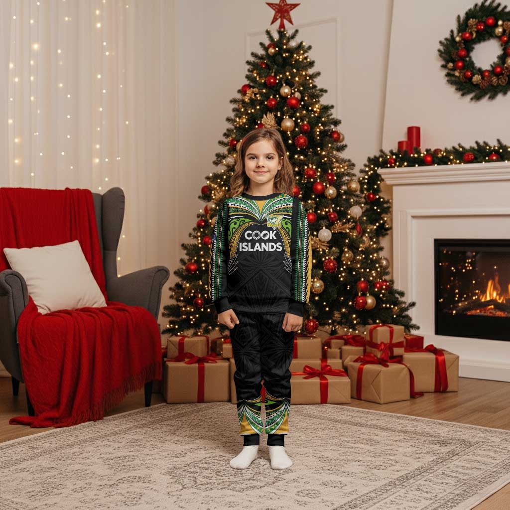 Custom Cook Islands Rugby League Christmas Pajama Set Tatau Tribal Motifs-Black Color - Polynesian Pride