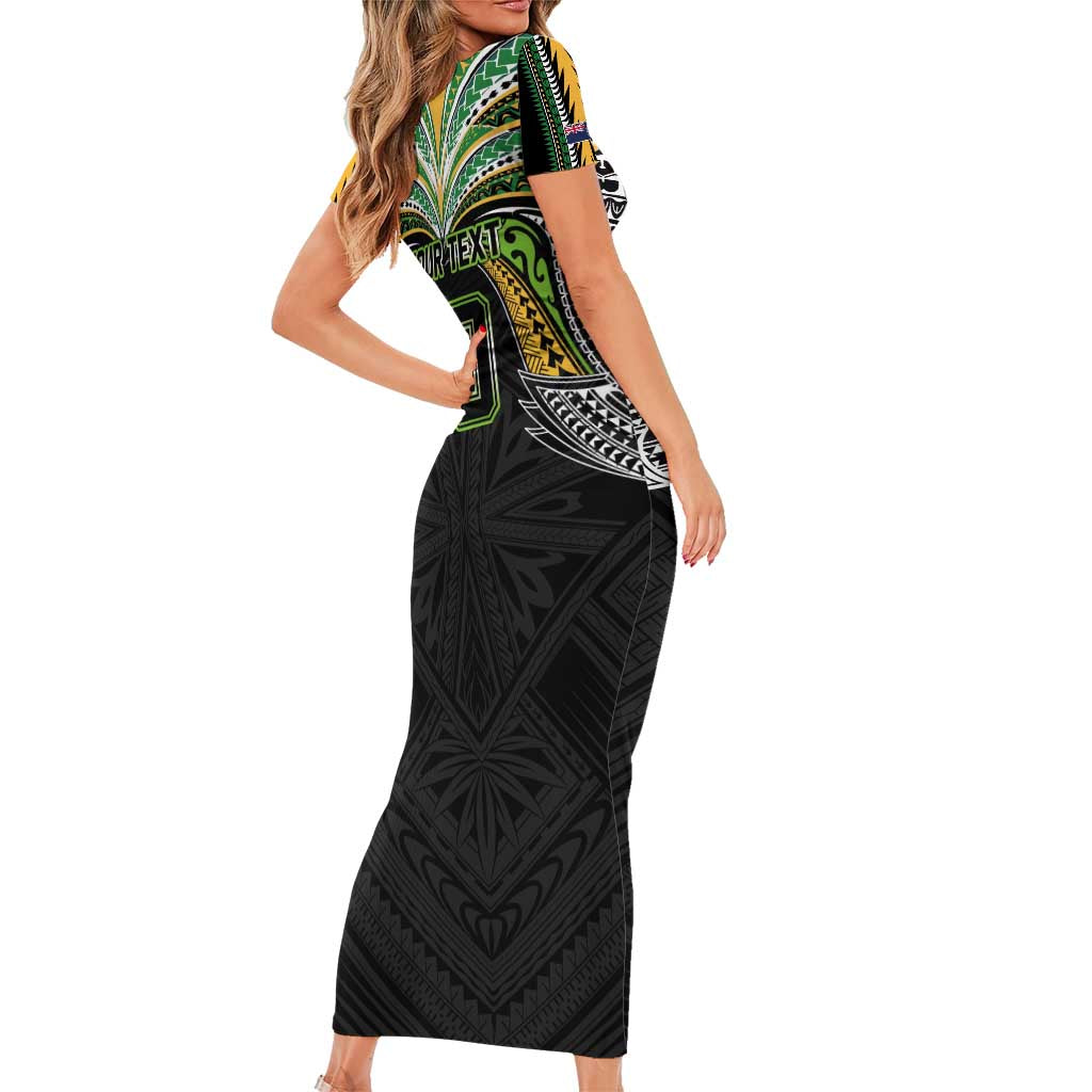 Custom Cook Islands Rugby League Short Sleeve Bodycon Dress Tatau Tribal Motifs-Black Color - Polynesian Pride