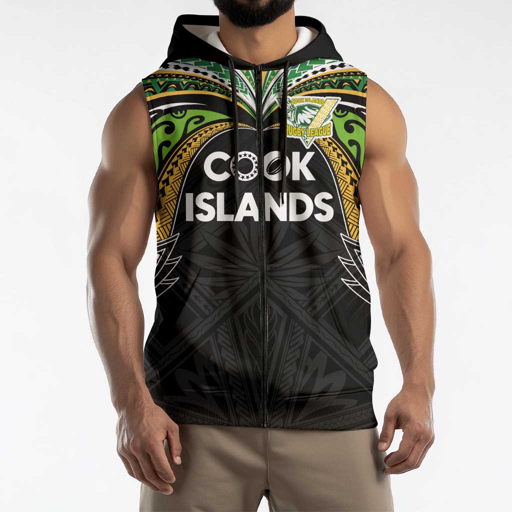 Custom Cook Islands Rugby League Sleeveless Zip Hoodie Tatau Tribal Motifs-Black Color - Polynesian Pride