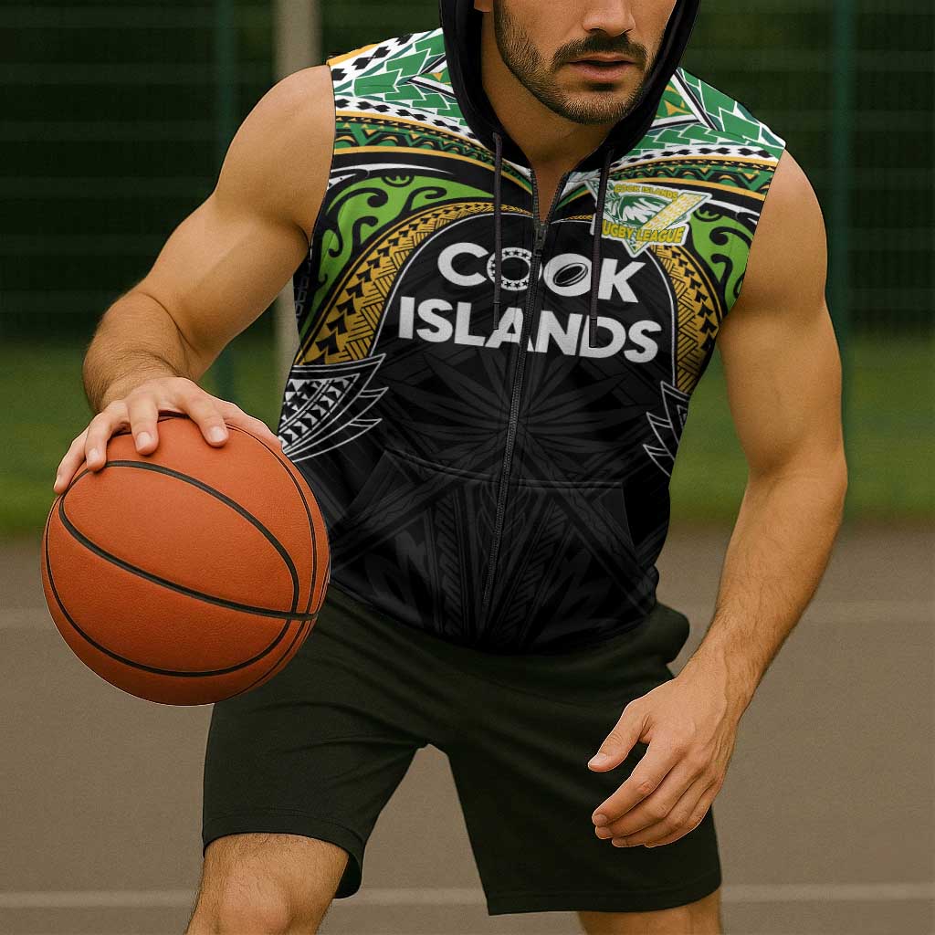 Custom Cook Islands Rugby League Sleeveless Zip Hoodie Tatau Tribal Motifs-Black Color - Polynesian Pride