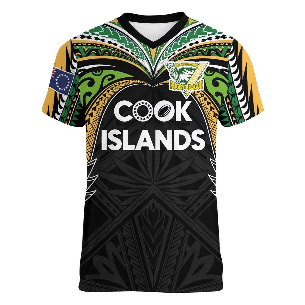 Custom Cook Islands Rugby League Women V-Neck T-Shirt Tatau Tribal Motifs-Black Color - Polynesian Pride