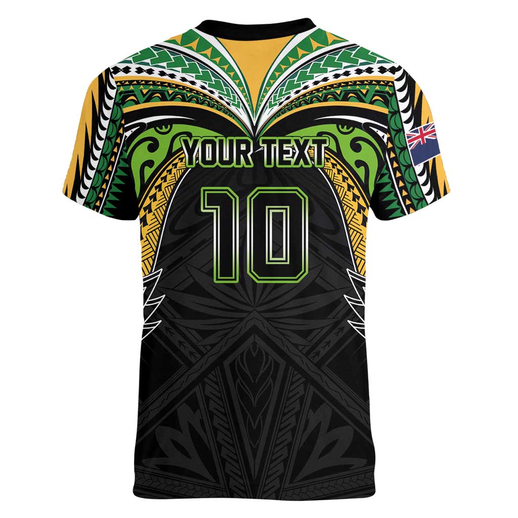 Custom Cook Islands Rugby League Women V-Neck T-Shirt Tatau Tribal Motifs-Black Color - Polynesian Pride