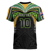 Custom Cook Islands Rugby League Women V-Neck T-Shirt Tatau Tribal Motifs-Black Color - Polynesian Pride