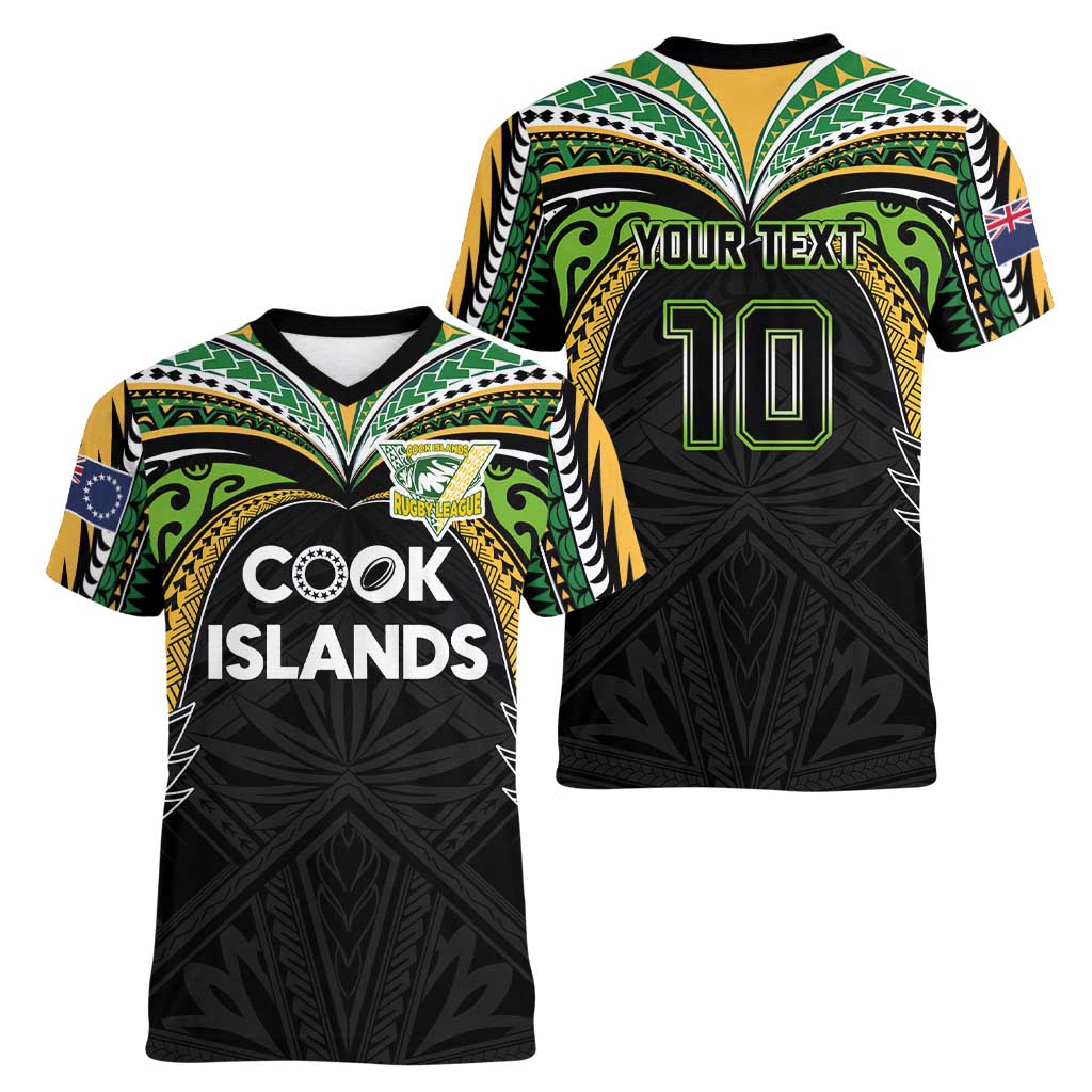 Custom Cook Islands Rugby League Women V-Neck T-Shirt Tatau Tribal Motifs-Black Color - Polynesian Pride