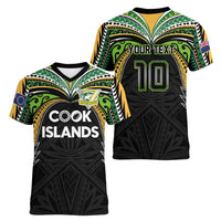 Custom Cook Islands Rugby League Women V-Neck T-Shirt Tatau Tribal Motifs-Black Color - Polynesian Pride