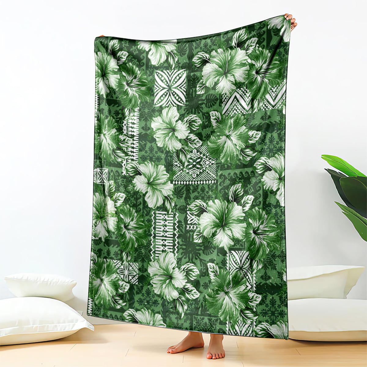 Hawaiian Quilt Pattern Blanket Hibiscus and Tribal Element Vintage Green Vibe LT03 - Polynesian Pride