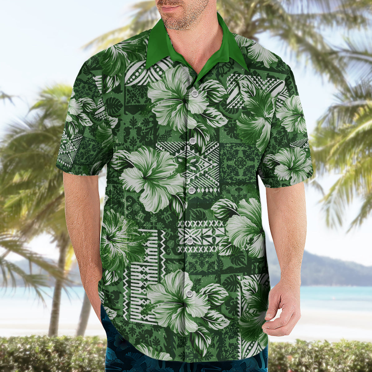 Hawaiian Quilt Pattern Hawaiian Shirt Hibiscus and Tribal Element Vintage Green Vibe LT03 - Polynesian Pride