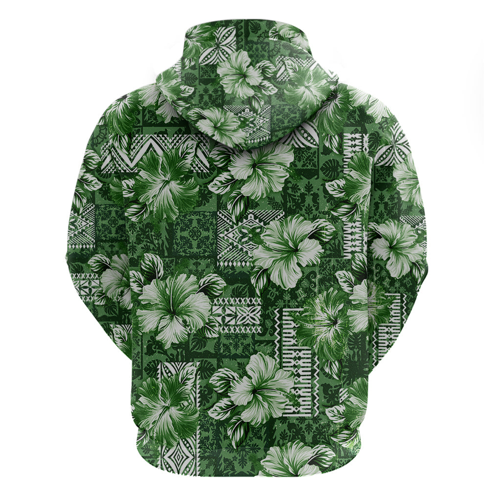 Hawaiian Quilt Pattern Hoodie Hibiscus and Tribal Element Vintage Green Vibe LT03 - Polynesian Pride