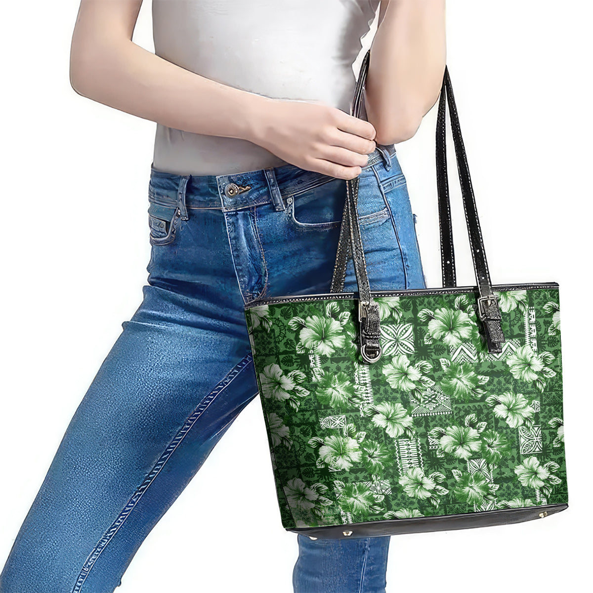 Hawaiian Quilt Pattern Leather Tote Bag Hibiscus and Tribal Element Vintage Green Vibe LT03 - Polynesian Pride