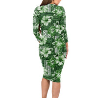 Hawaiian Quilt Pattern Long Sleeve Bodycon Dress Hibiscus and Tribal Element Vintage Green Vibe LT03 - Polynesian Pride
