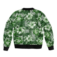Hawaiian Quilt Pattern Sleeve Zip Bomber Jacket Hibiscus and Tribal Element Vintage Green Vibe LT03 - Polynesian Pride