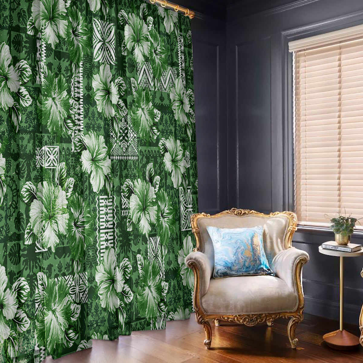 Hawaiian Quilt Pattern Window Curtain Hibiscus and Tribal Element Vintage Green Vibe LT03 - Polynesian Pride