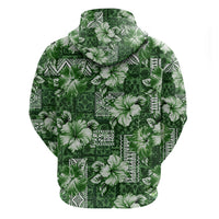 Hawaiian Quilt Pattern Zip Hoodie Hibiscus and Tribal Element Vintage Green Vibe LT03 - Polynesian Pride