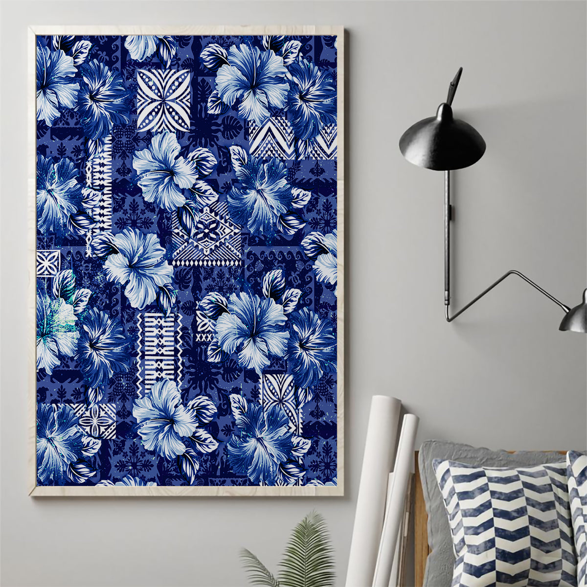 Hawaiian Quilt Pattern Canvas Wall Art Hibiscus and Tribal Element Vintage Blue Vibe LT03 - Polynesian Pride