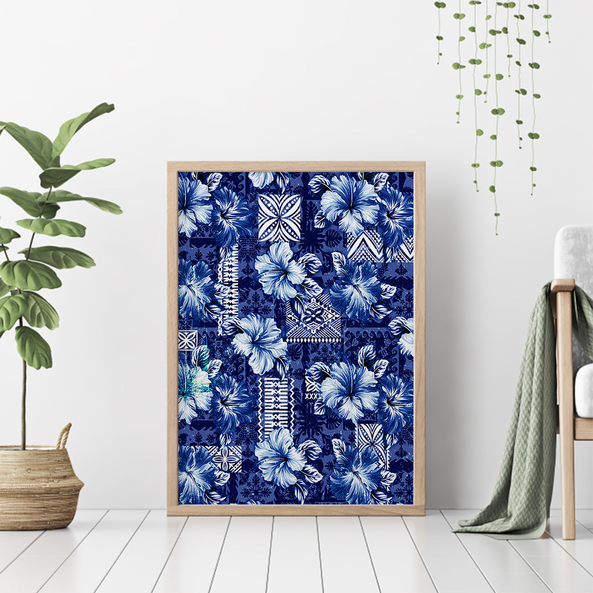 Hawaiian Quilt Pattern Canvas Wall Art Hibiscus and Tribal Element Vintage Blue Vibe LT03 - Polynesian Pride