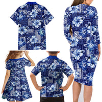 Hawaiian Quilt Pattern Family Matching Long Sleeve Bodycon Dress and Hawaiian Shirt Hibiscus and Tribal Element Vintage Blue Vibe LT03 - Polynesian Pride
