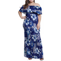 Hawaiian Quilt Pattern Family Matching Off Shoulder Maxi Dress and Hawaiian Shirt Hibiscus and Tribal Element Vintage Blue Vibe LT03 Mom's Dress Blue - Polynesian Pride