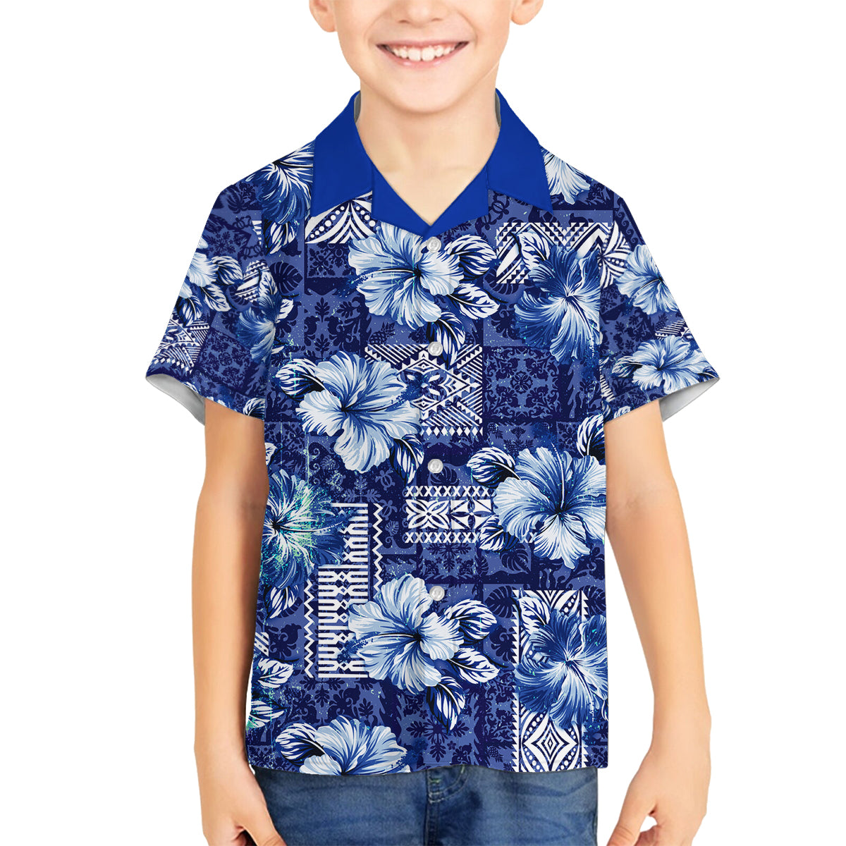 Hawaiian Quilt Pattern Family Matching Off Shoulder Short Dress and Hawaiian Shirt Hibiscus and Tribal Element Vintage Blue Vibe LT03 Son's Shirt Blue - Polynesian Pride
