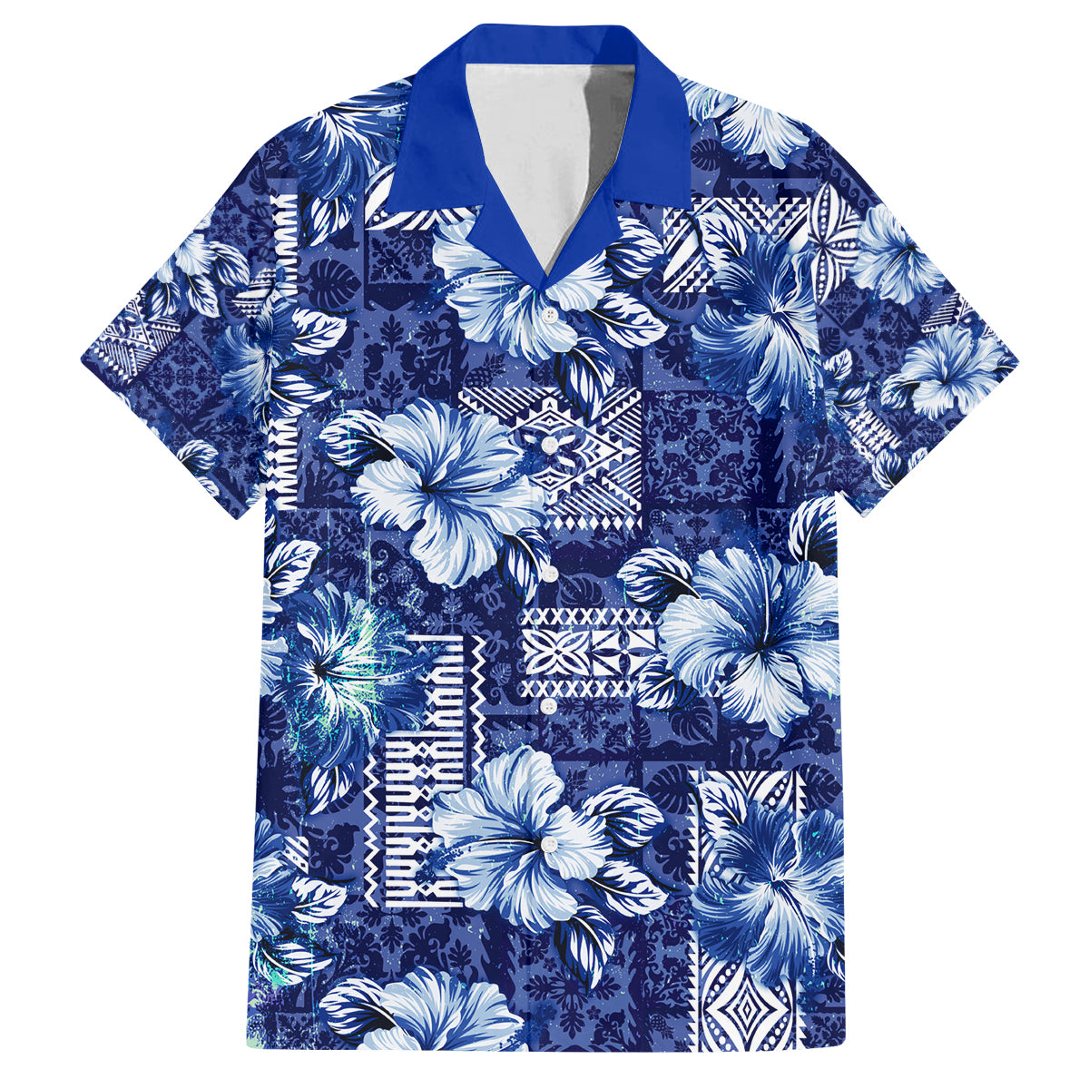 Hawaiian Quilt Pattern Family Matching Tank Maxi Dress and Hawaiian Shirt Hibiscus and Tribal Element Vintage Blue Vibe LT03 Dad's Shirt - Short Sleeve Blue - Polynesian Pride