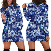 Hawaiian Quilt Pattern Hoodie Dress Hibiscus and Tribal Element Vintage Blue Vibe LT03 - Polynesian Pride