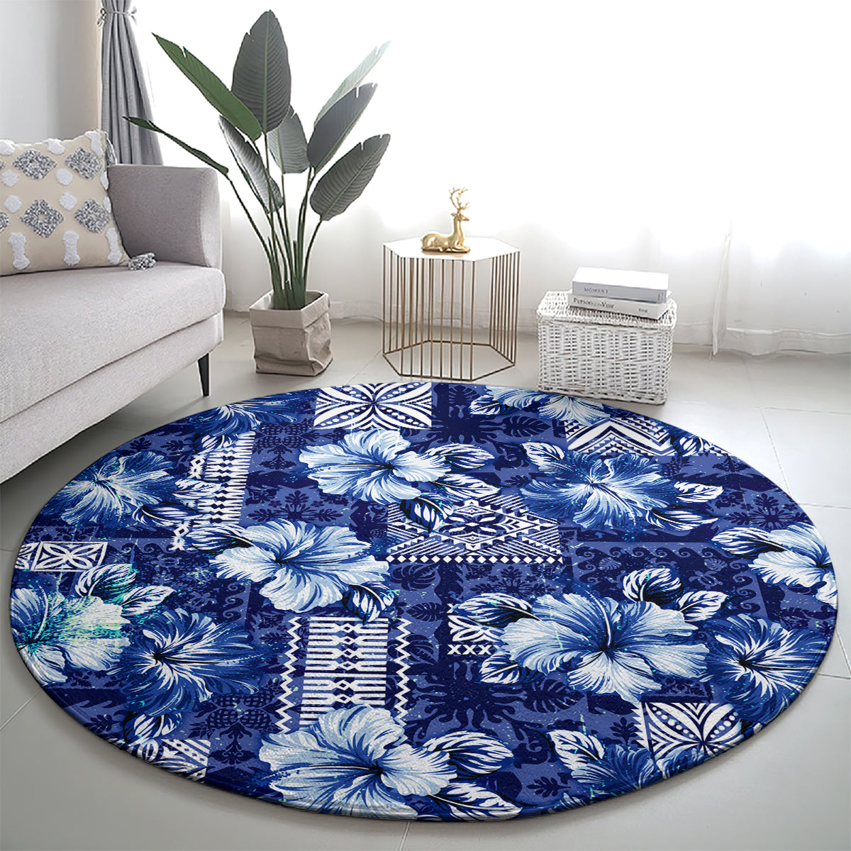 Hawaiian Quilt Pattern Round Carpet Hibiscus and Tribal Element Vintage Blue Vibe LT03 - Polynesian Pride