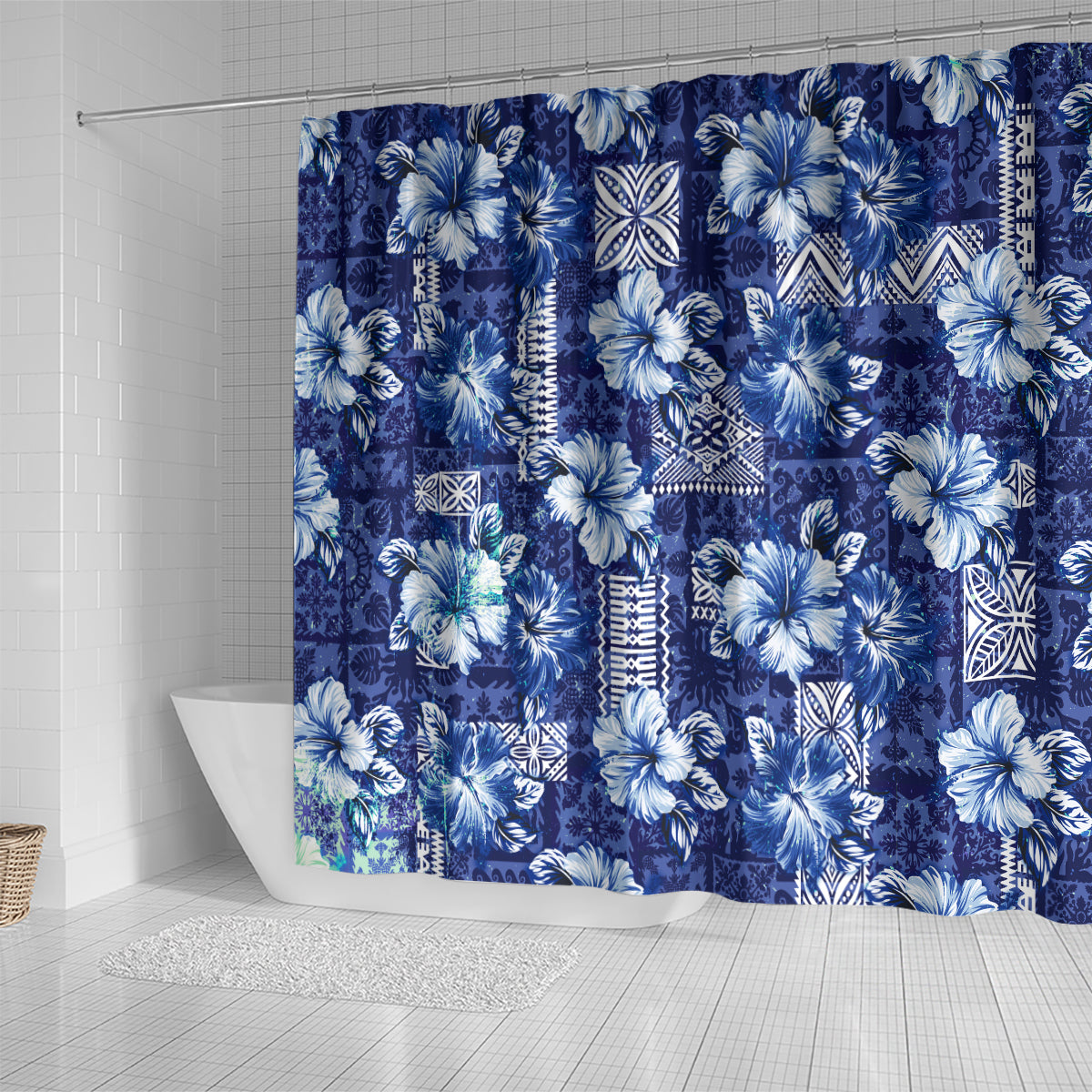 Hawaiian Quilt Pattern Shower Curtain Hibiscus and Tribal Element Vintage Blue Vibe LT03 - Polynesian Pride