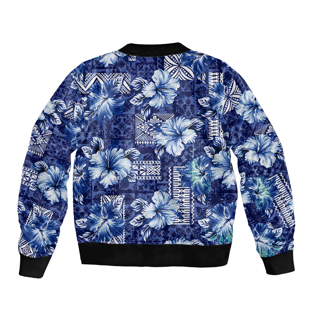 Hawaiian Quilt Pattern Sleeve Zip Bomber Jacket Hibiscus and Tribal Element Vintage Blue Vibe LT03 - Polynesian Pride