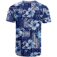 Hawaiian Quilt Pattern T Shirt Hibiscus and Tribal Element Vintage Blue Vibe LT03 - Polynesian Pride