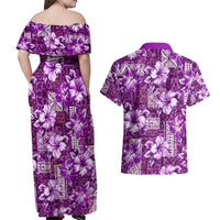 Hawaiian Quilt Pattern Couples Matching Off Shoulder Maxi Dress and Hawaiian Shirt Hibiscus and Tribal Element Vintage Purple Vibe LT03 - Polynesian Pride