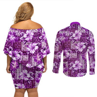 Hawaiian Quilt Pattern Couples Matching Off Shoulder Short Dress and Long Sleeve Button Shirt Hibiscus and Tribal Element Vintage Purple Vibe LT03 - Polynesian Pride