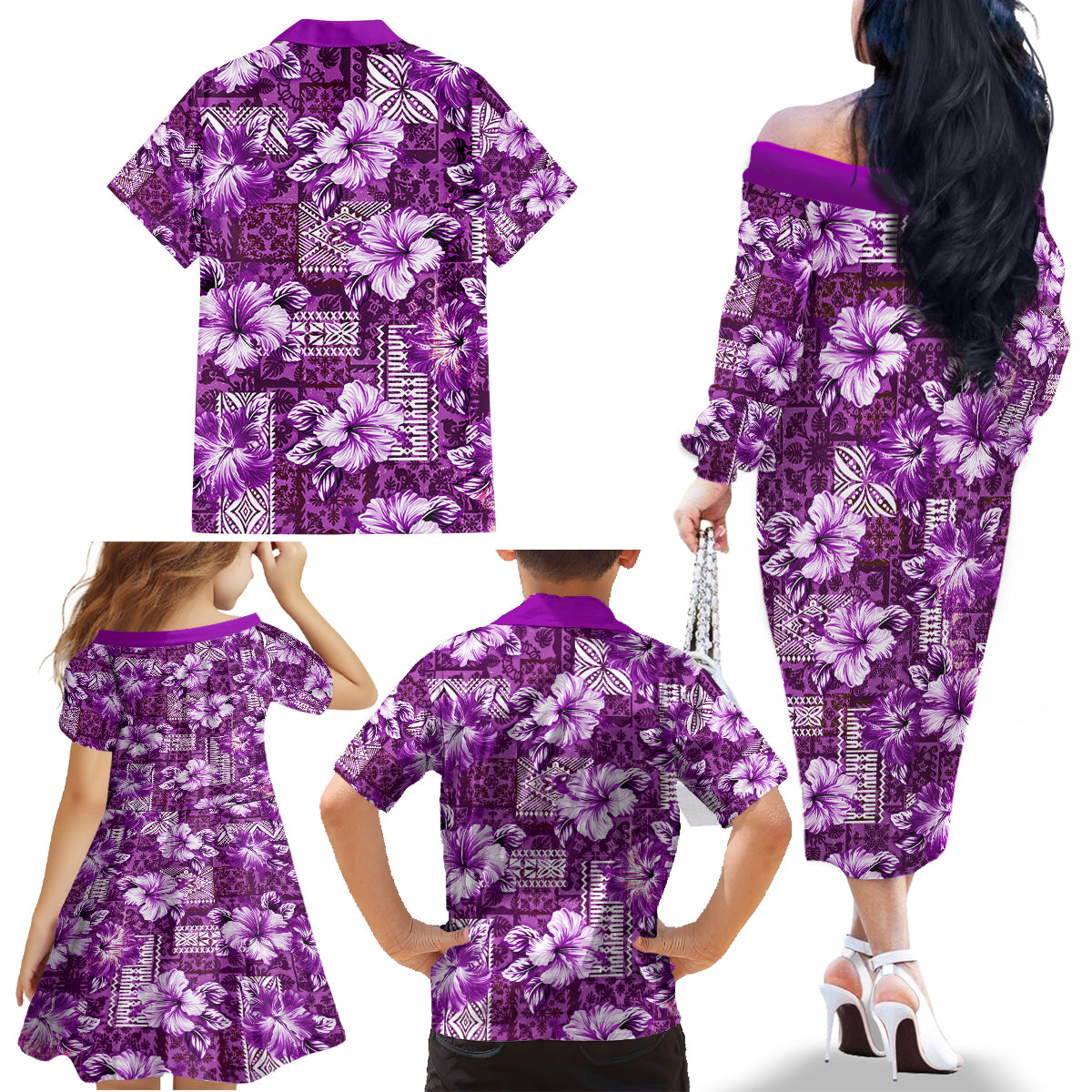 Hawaiian Quilt Pattern Family Matching Off Shoulder Long Sleeve Dress and Hawaiian Shirt Hibiscus and Tribal Element Vintage Purple Vibe LT03 - Polynesian Pride