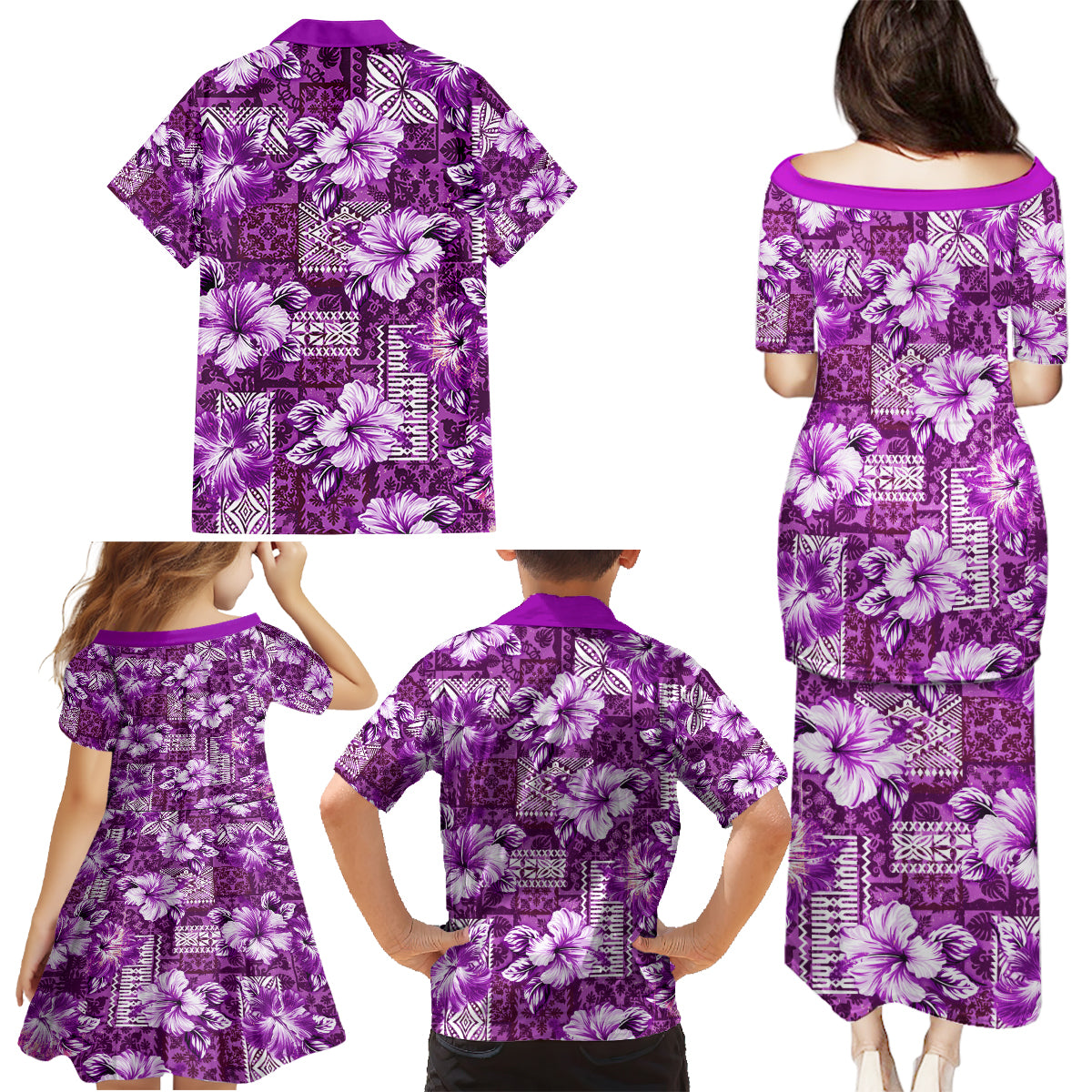Hawaiian Quilt Pattern Family Matching Puletasi and Hawaiian Shirt Hibiscus and Tribal Element Vintage Purple Vibe LT03 - Polynesian Pride