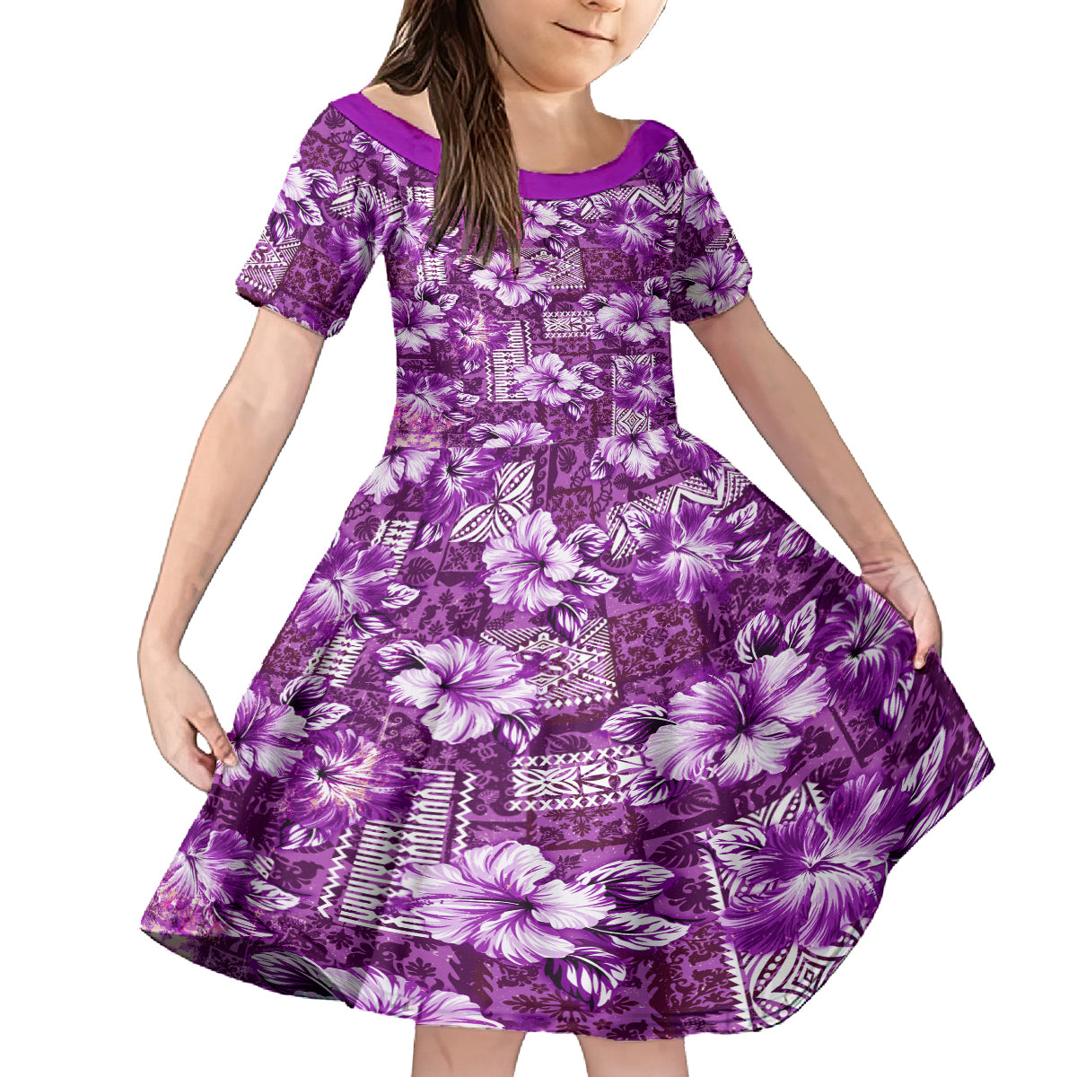 Hawaiian Quilt Pattern Family Matching Tank Maxi Dress and Hawaiian Shirt Hibiscus and Tribal Element Vintage Purple Vibe LT03 Daughter's Dress Purple - Polynesian Pride