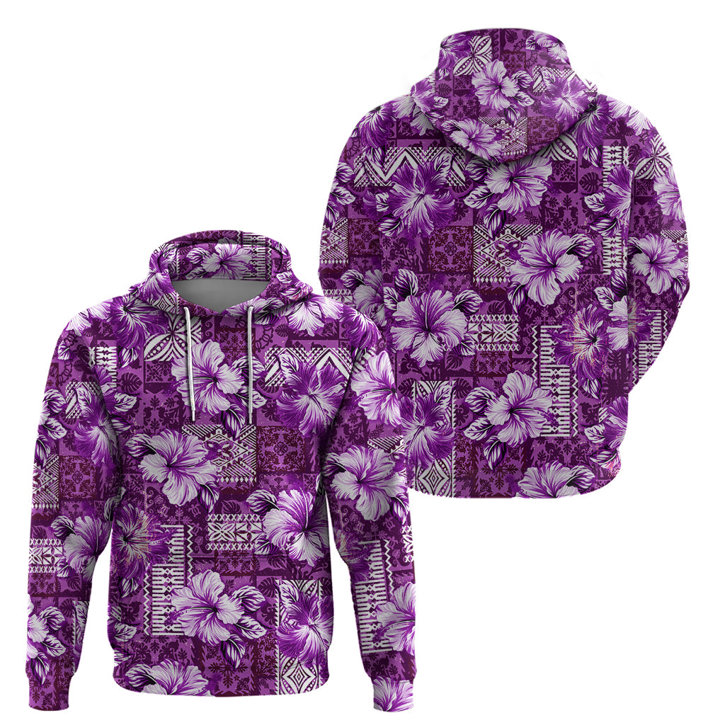 Hawaiian Quilt Pattern Hoodie Hibiscus and Tribal Element Vintage Purple Vibe LT03 - Polynesian Pride