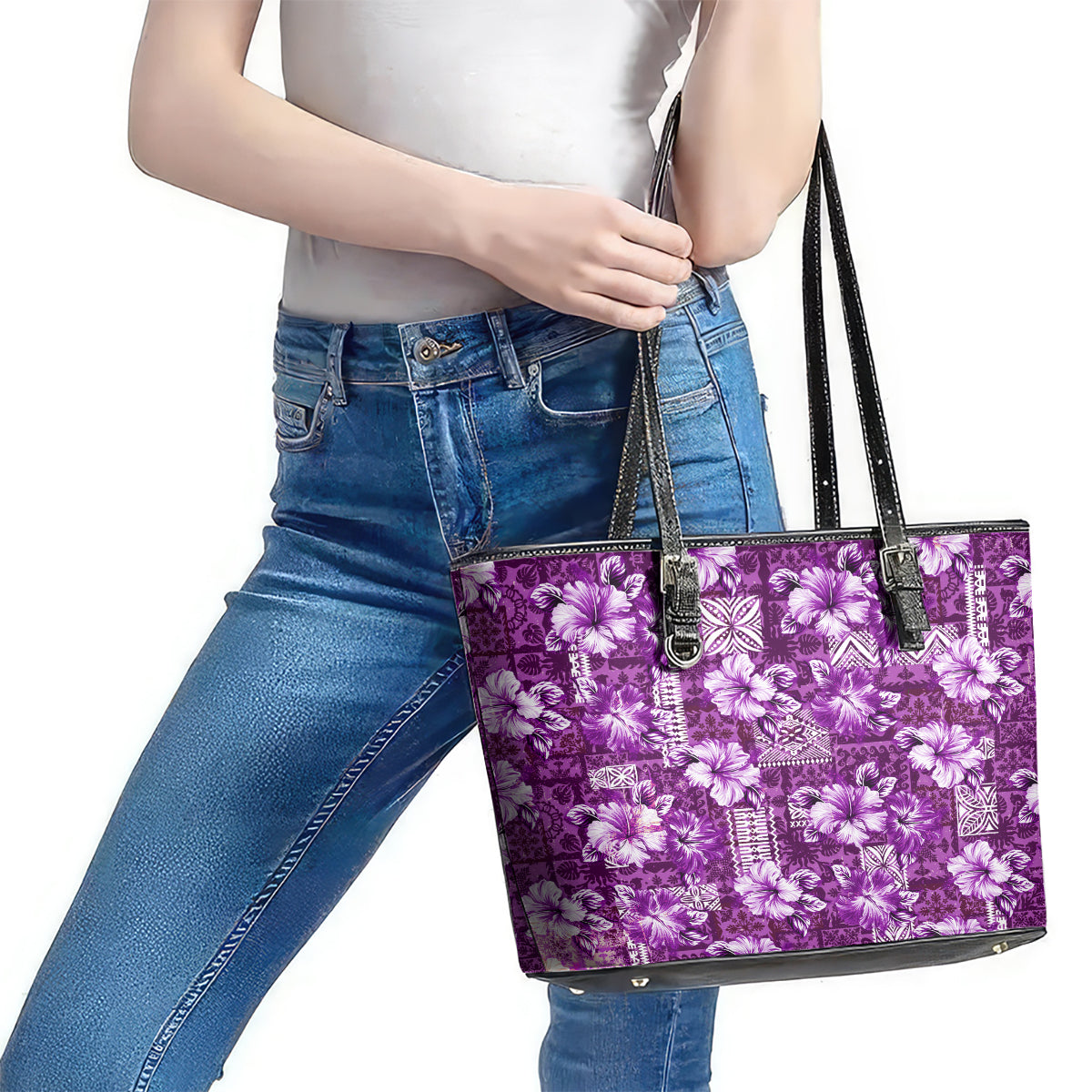 Hawaiian Quilt Pattern Leather Tote Bag Hibiscus and Tribal Element Vintage Purple Vibe LT03 - Polynesian Pride
