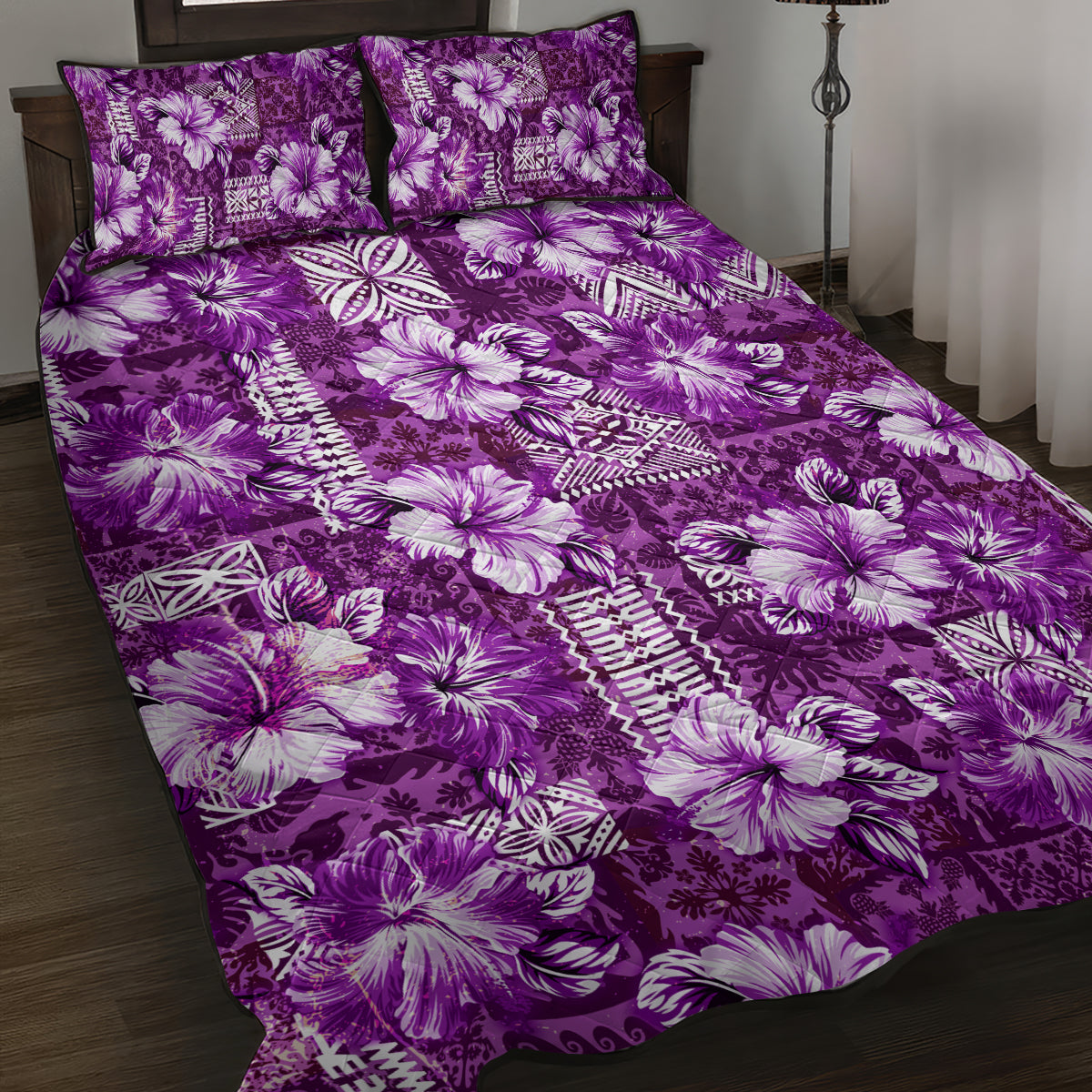 Hawaiian Quilt Pattern Quilt Bed Set Hibiscus and Tribal Element Vintage Purple Vibe LT03 Purple - Polynesian Pride