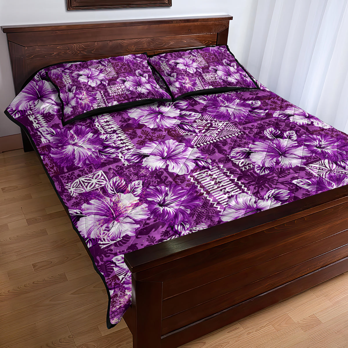 Hawaiian Quilt Pattern Quilt Bed Set Hibiscus and Tribal Element Vintage Purple Vibe LT03 - Polynesian Pride