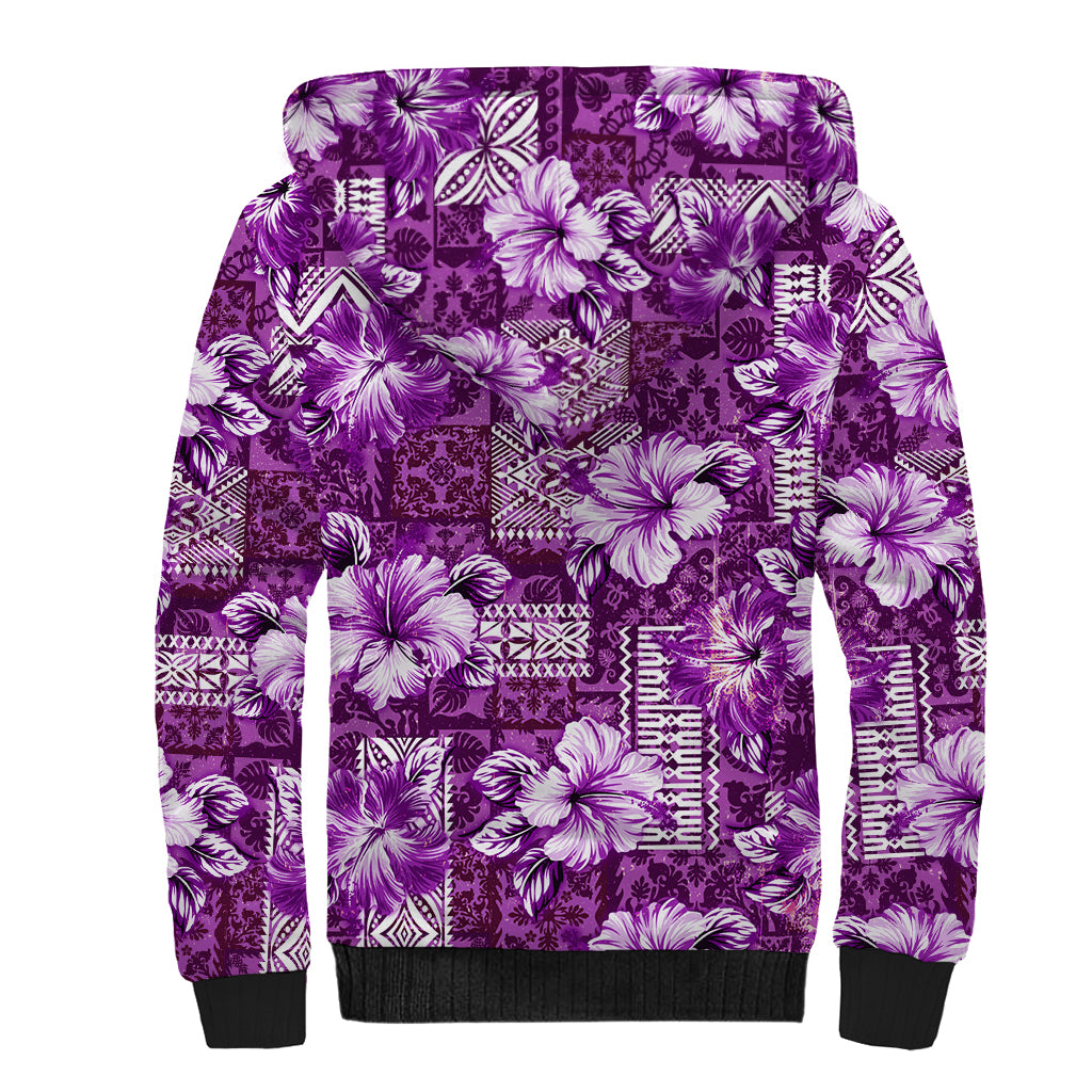 Hawaiian Quilt Pattern Sherpa Hoodie Hibiscus and Tribal Element Vintage Purple Vibe LT03 - Polynesian Pride