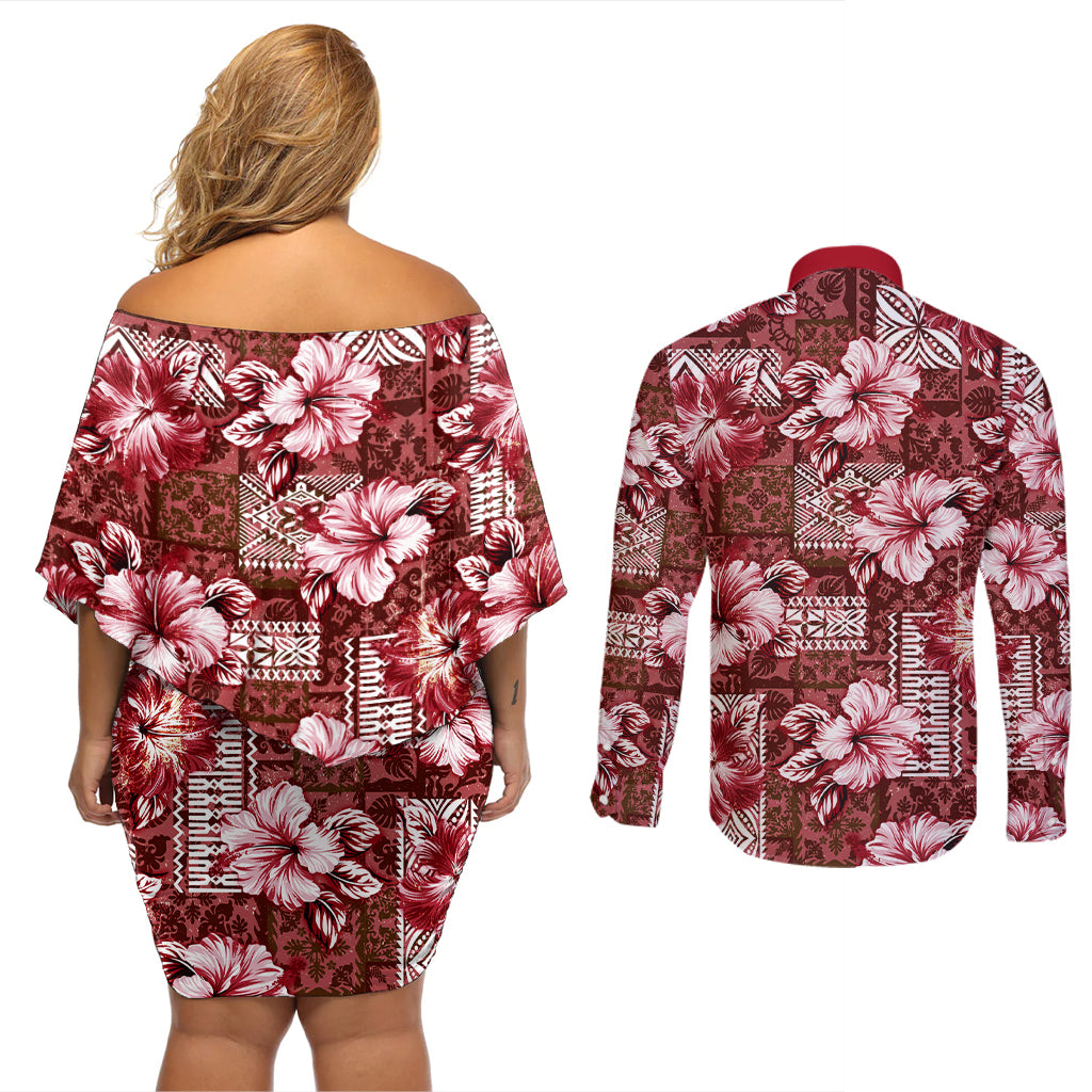 Hawaiian Quilt Pattern Couples Matching Off Shoulder Short Dress and Long Sleeve Button Shirt Hibiscus and Tribal Element Vintage Red Vibe LT03 - Polynesian Pride
