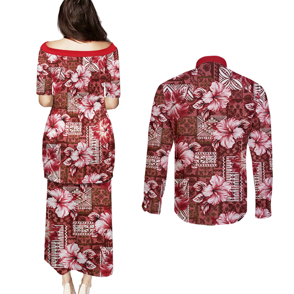 Hawaiian Quilt Pattern Couples Matching Puletasi and Long Sleeve Button Shirt Hibiscus and Tribal Element Vintage Red Vibe LT03 - Polynesian Pride