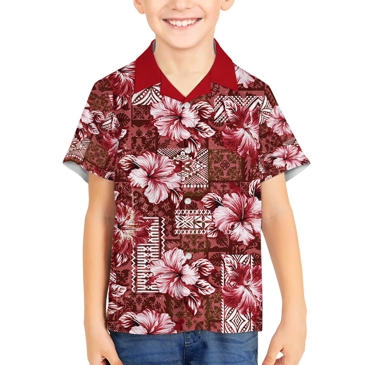 Hawaiian Quilt Pattern Family Matching Off Shoulder Maxi Dress and Hawaiian Shirt Hibiscus and Tribal Element Vintage Red Vibe LT03 Son's Shirt Red - Polynesian Pride